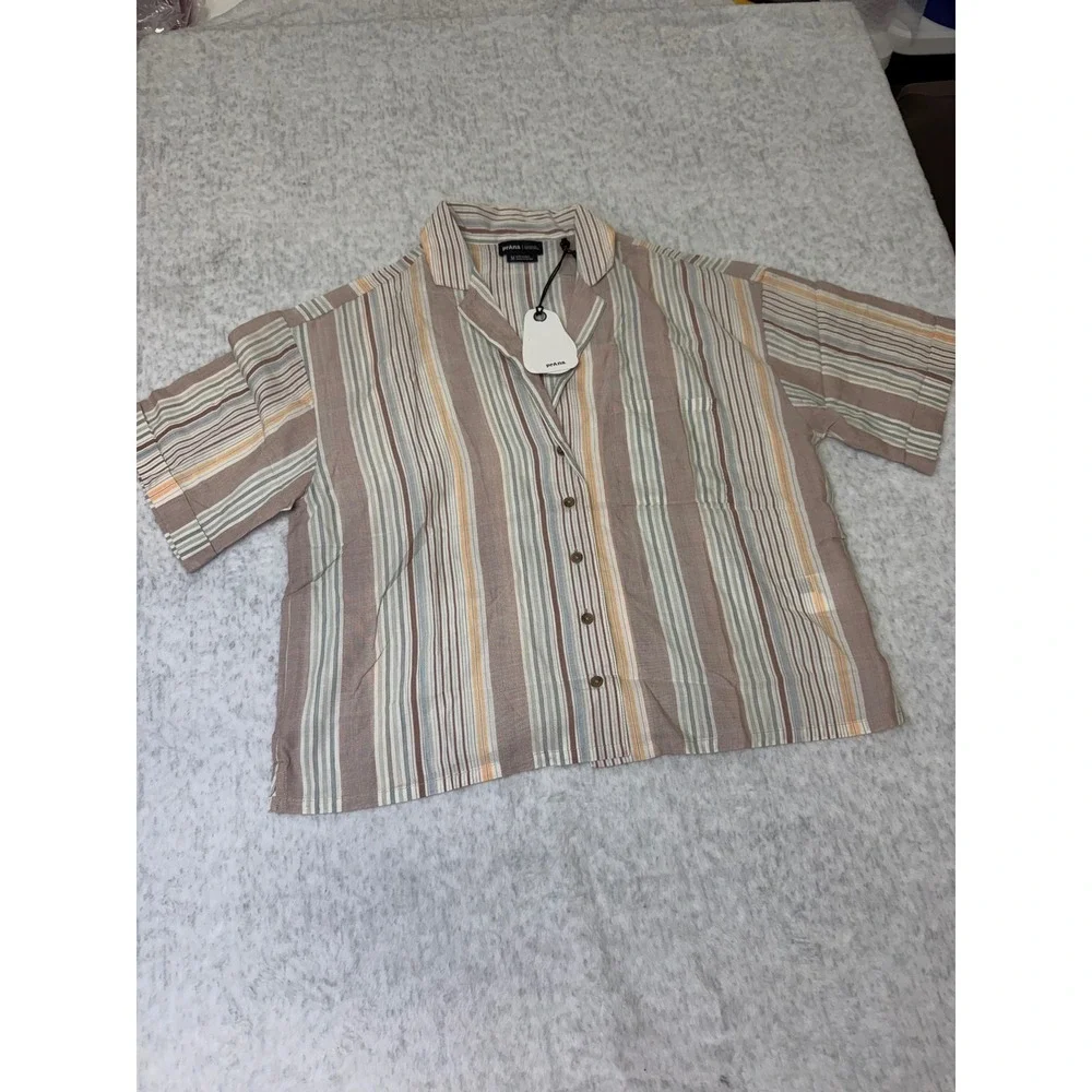 Prana Iguala Top‎ Clay Stripe Tencel Modal Button Down Shirt Womens Medium NEW